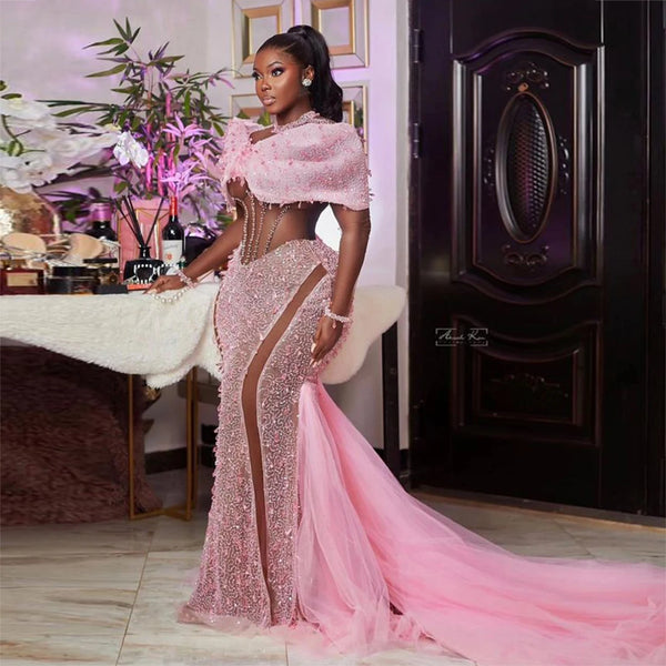 Sparkly Pink Sequined Mermaid Prom Dress Aso Ebi See Through Evening Gowns Off The Shoulder Black Girls Formal Party Dress