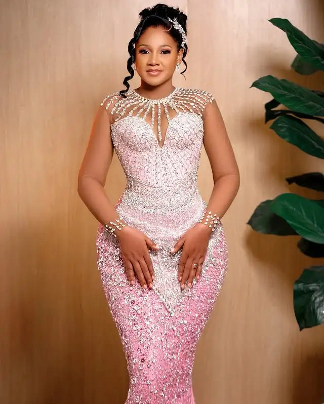Asoebi Style Lace Evening Dresses Luxurious Crystals Beading African Wedding Reception Dress Chic Women Birthday Dress Shoots