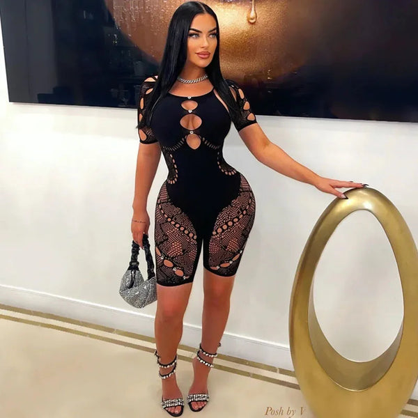 Sexy Mesh Patchwork Party Playsuit Women Romper Sexy Lingerie Outfit Hollow Out Skinny One Piece Jumpsuit Combinaison Short