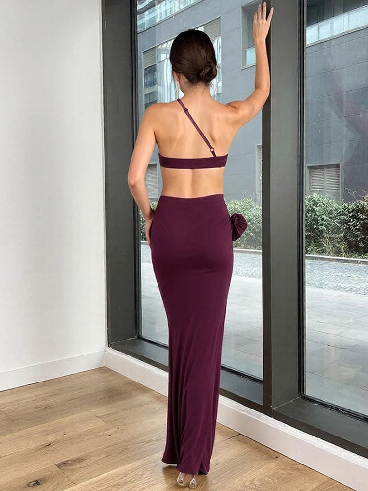 Birthday Party Dress Women Sexy Patchwork Hollow Side Flowers Chest Wrap Pearl Chain Halter Backless Stretch Vestidos