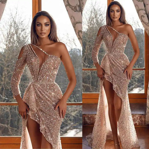 Bling Evening Dresses Mermaid Strapless One Shoulder Sequins Cut Out Split Prom Gowns Party Dresses Customized Robe De Soirée