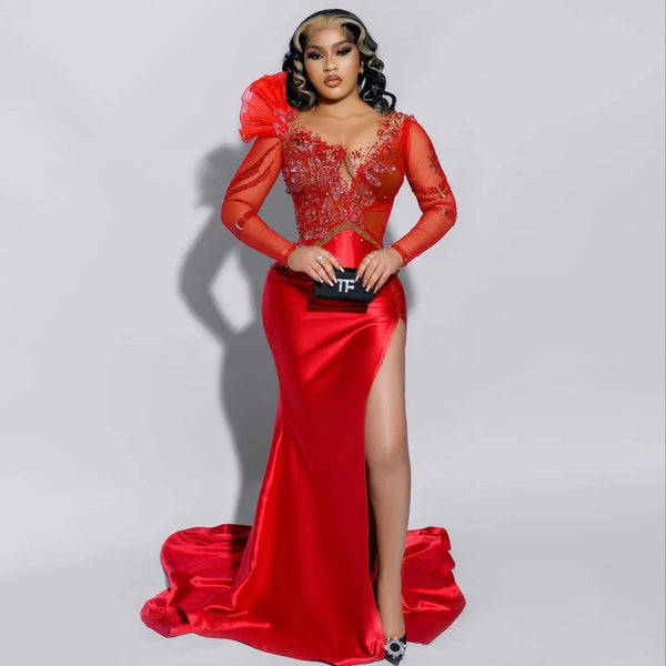 Elegant Red African Prom Dresses High Slit Chic Women Formal Occasion Dresses 2025 Long Sleeve Beaded Lace Aso Ebi Evening Dress