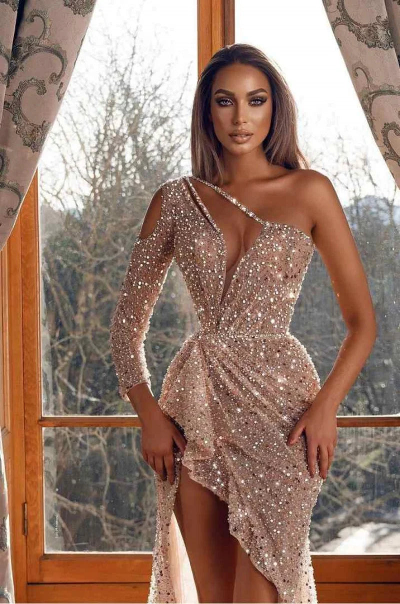 Bling Evening Dresses Mermaid Strapless One Shoulder Sequins Cut Out Split Prom Gowns Party Dresses Customized Robe De Soirée