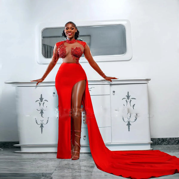 Black Girls Illusion Beaded Appliques High Split Party Dresses Red Straight Sexy Long Prom Gowns Overskirt Evening Gown