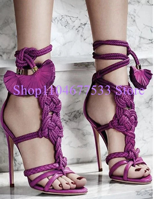 Fashion Knot Fringe Thin Heel Lady Sandals Classical Design Cross-tied Lace-up Woman High Heels Sandals Shoes Sexy Dress Pumps