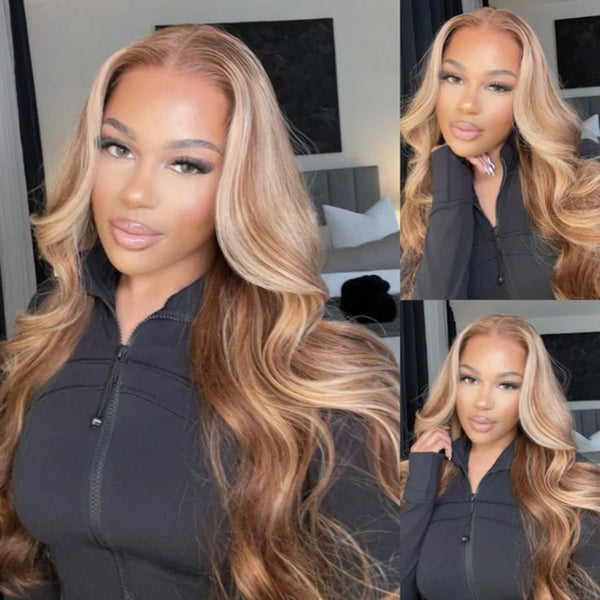 Highlight Blonde 13X6 Lace Wig Body Wave 13X4 Glueless Pre Plucked With Baby Hair Synthetic Lace Front Wig  200% Density
