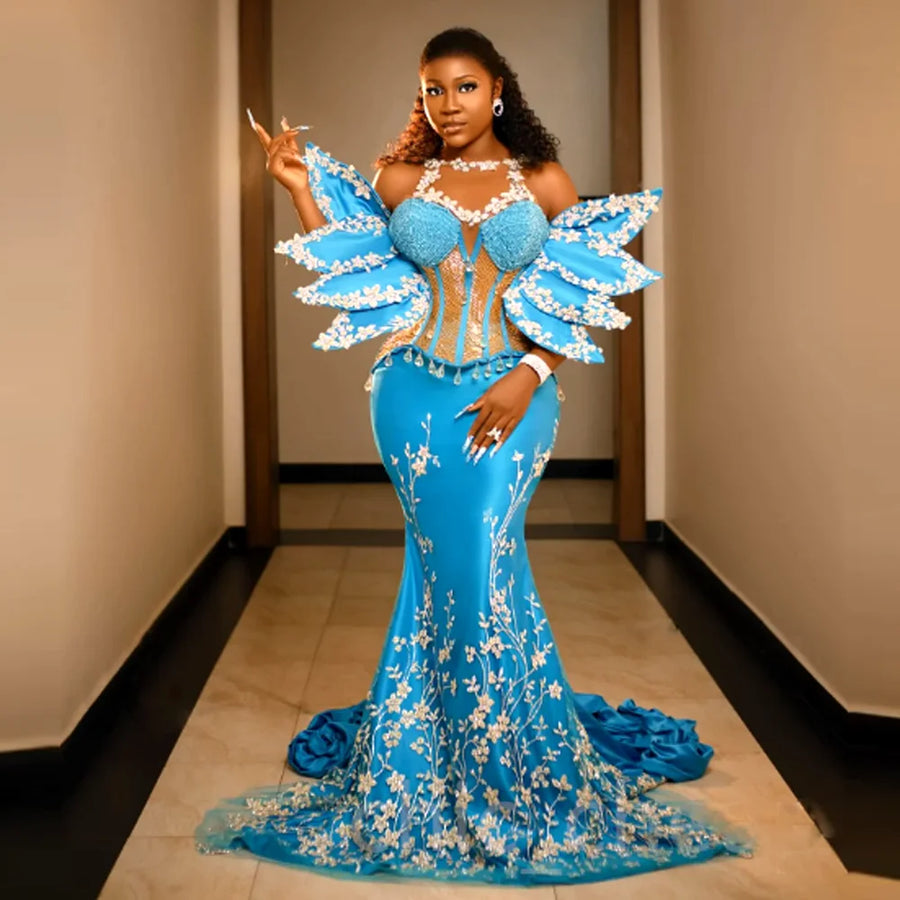 New Mermaid Sexy Evening Dresses African Wmen Prom Dress Unique Design Lace Appliques Crystals Luxury Corset Back Formal