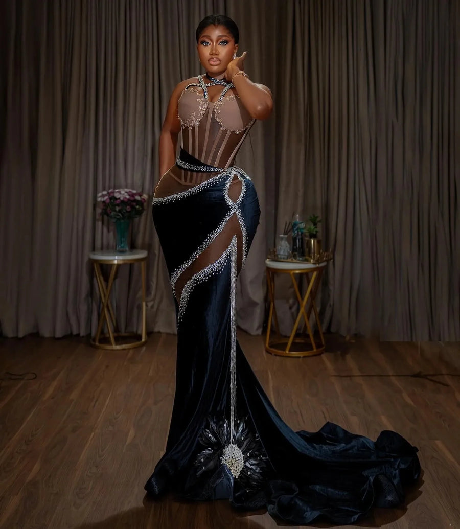 For Special Occasions Crystals Lace Velvet Evening Formal Party Second Reception Birthday Engagement Gowns Dress Plus Size Dark