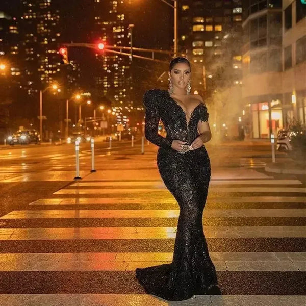 Luxurious Shining Black Mermaid Ball Dress With Lace Sequins V-Neck Sexy Women's Plus Size Formal Occasion Dress