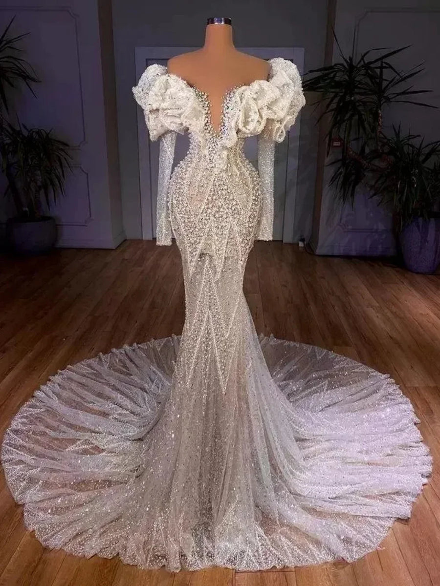 Luxury Mermaid Wedding Dresses Pearls Sequins Off Shoulder Bride Dress Long Sleeve Pleats Sweep Train Bridal Dress Customized