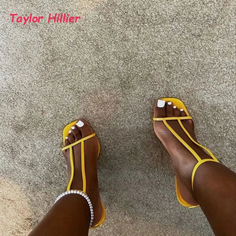 Square Open Toe T-Strap Sandals Women Trendy Stiletto Ankle Buckle Ladies Summer Beach Pool Party Nightclub Shoes