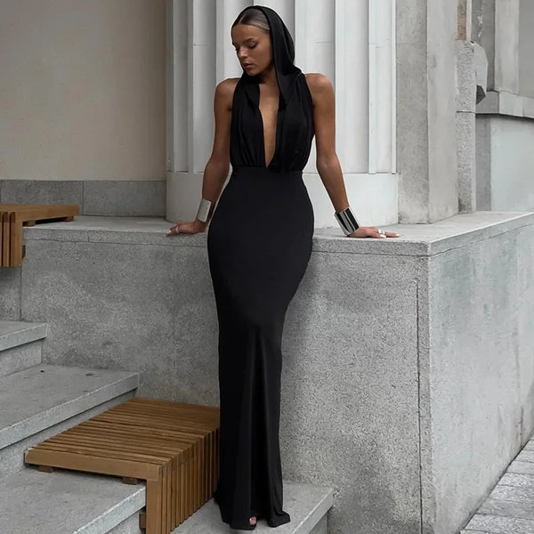 Sexy Women Black Hooded Halter Deep V Neck Maxi Dress Sleeveless Backless High Waist Mermaid Dresses Ladies Party Evening Gowns