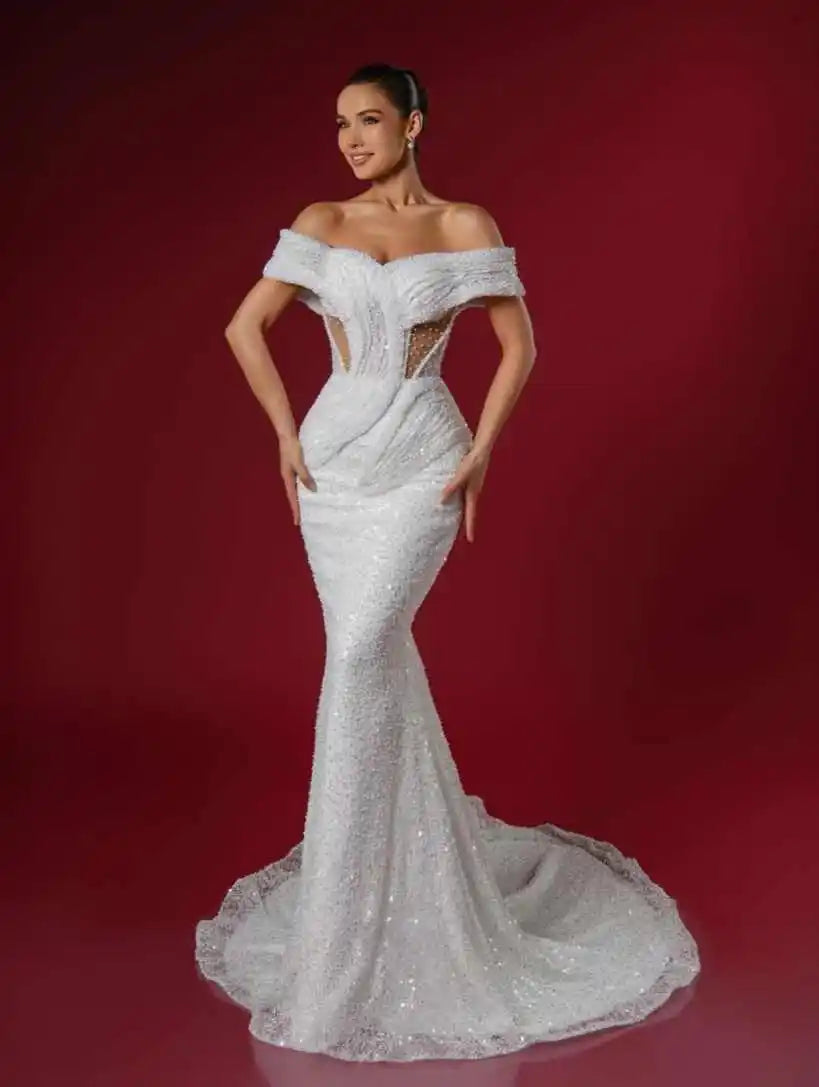 Charming Mermaid Wedding Dress Beaded Sequin Off Shoulde Bride Gowns Design Sleeveless  Sweep Train Bridal Dresses Customized