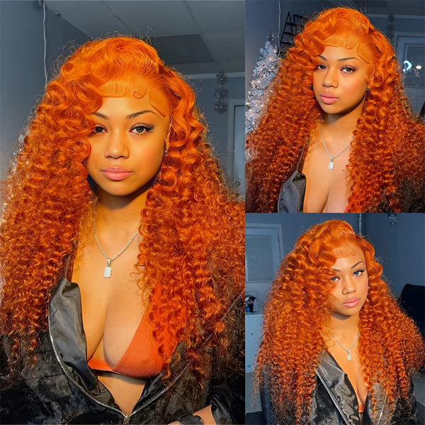 350#Ginger Orange Deep Wave Frontal Wig Transparent 13x6 Curly Hd Front Human Hair Wigs Curly Hair 13x4 Lace Frontal Wig Colored