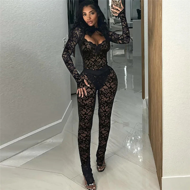 Sexy Mesh Lace Two Piece Pant Set Women Spring Backless Tracksuits Elegant Luxury Outfits Club Wear 2 Piece Pant Sets Outfits