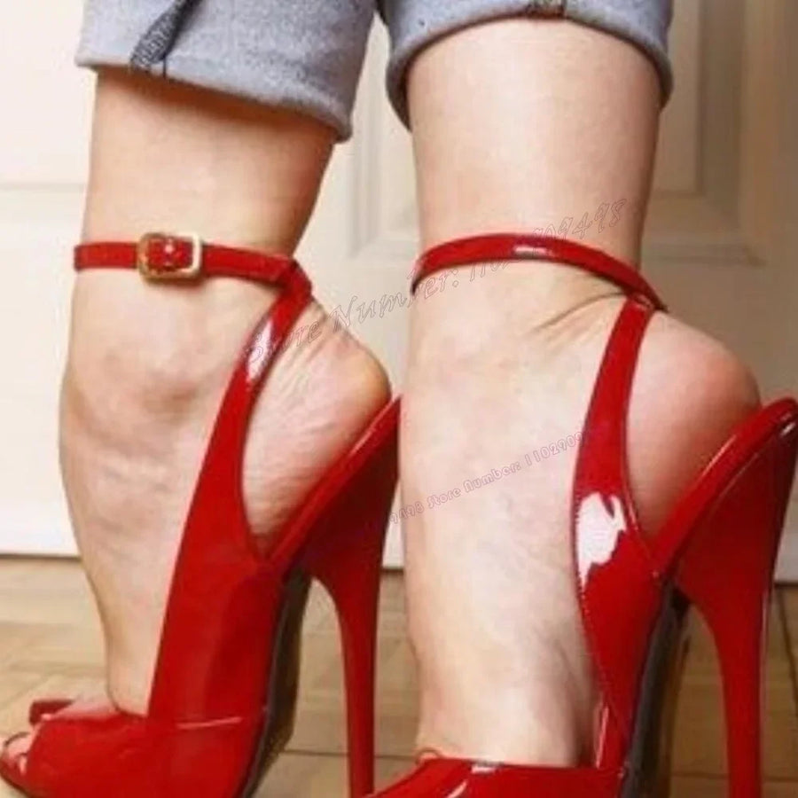 Red Back Strap Peep Toe Sandals Patent Leather Shoes for Women Extreme Thin High Heels Sexy Party Shoes 2025 Zapatos Para Mujere