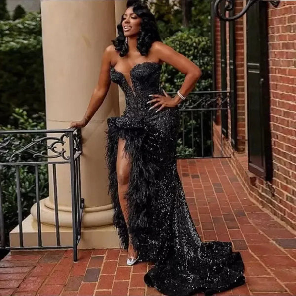 Luxurious Shining Black Mermaid Feather Ball Dress Sexy V-neck Side Split Special Occasion Party Evening Dress