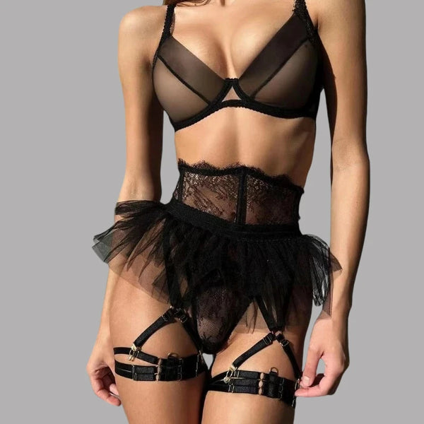 4 Piece Set Sexy Lingerie Set Lace Perspective Bra Women Mesh Patchwork Ruffled Skirt Garter Socks Sexy Underwear Suit