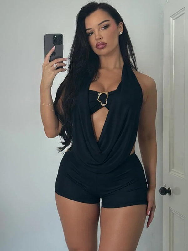 Swinging Neck Backless Women Playsuits Sexy Stunning Pleated Backless Slim Rompers+Inside Wrapped Chest Tanks Party Wear