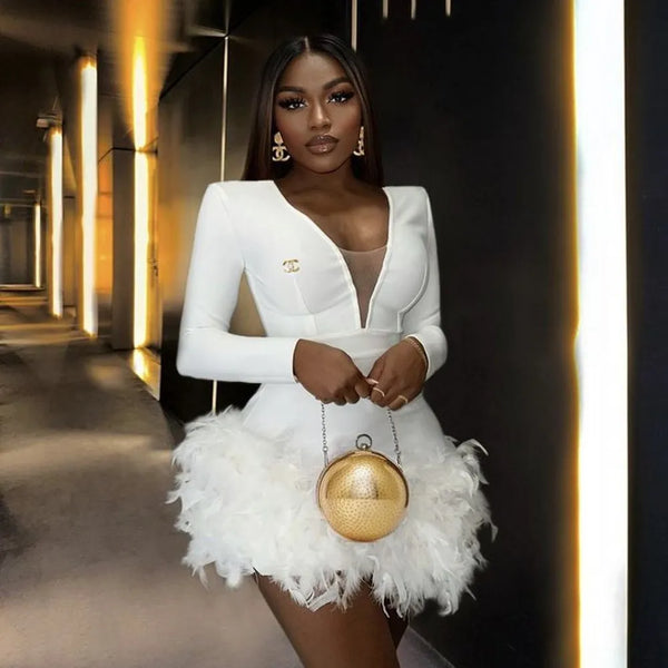 Pretty White High Stretchy Feather Short Women Dresses To Party Full Sleeves Birthday Mini Dress Date Dress