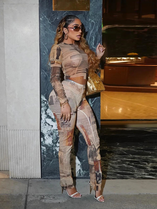 Sexy See Through 2 Piece Set Woman Colorful Print o-Neck Full Sleeve Crop Tops+Skinny Peach Hip Long Pants Art Style Suits