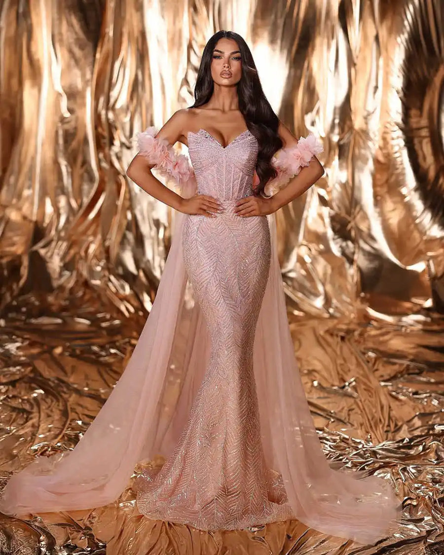Elegant Evening Dresses Mermaid Strapless Beads Sequins Sleeveless Prom Gowns Party Dress Sweep Train Customized Robe De Soirée