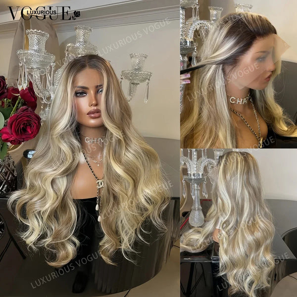 LUX VOGUE Highlight Ash Blonde 100% Human Hair Wig Beachy Waves Undetectable Hairline UHD Nude Color Lace Wig 210% Density Wigs