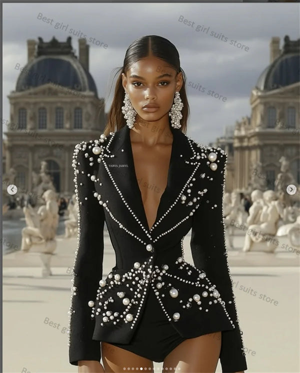Black Women Suit 1 Piece Blazer Luxury Pearls Formal Office Lady Jacket Customized Wedding Tuxedos Coat Outfit