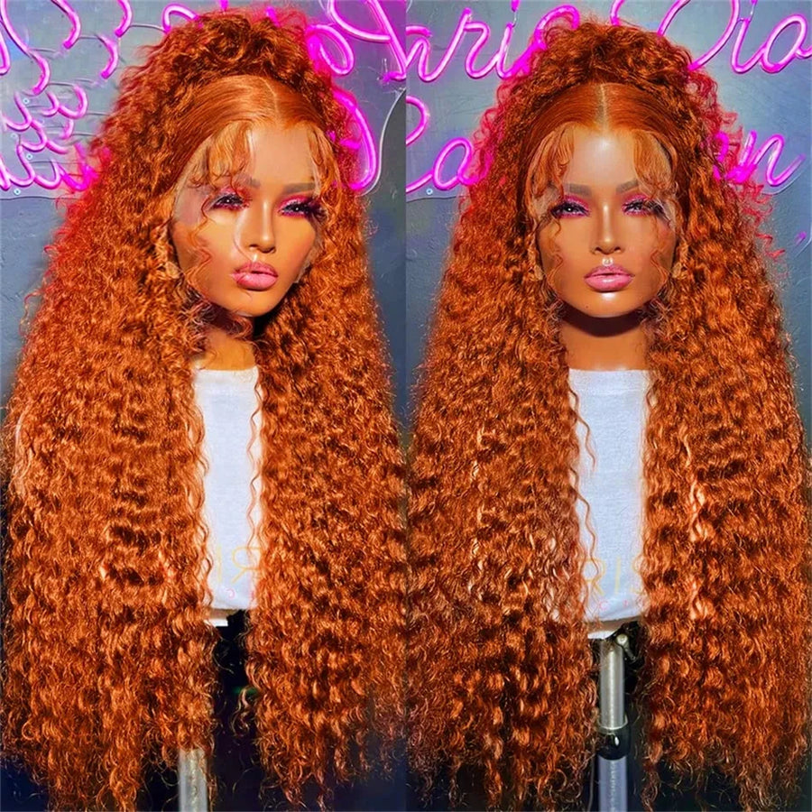 350#Ginger Orange Deep Wave Frontal Wig Transparent 13x6 Curly Hd Front Human Hair Wigs Curly Hair 13x4 Lace Frontal Wig Colored