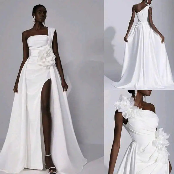 Vintage One Shoulder Satin Wedding Dress Elegant Side Split Bridal Dress With Detachable Train Customized vestidos de novia