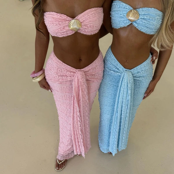 Sexy 2 Piece Set Club Party Beach Clothes Women Summer Shells Strapless Bandeau Crop Top + Tie Front Maxi Skirt Coquette Outfits