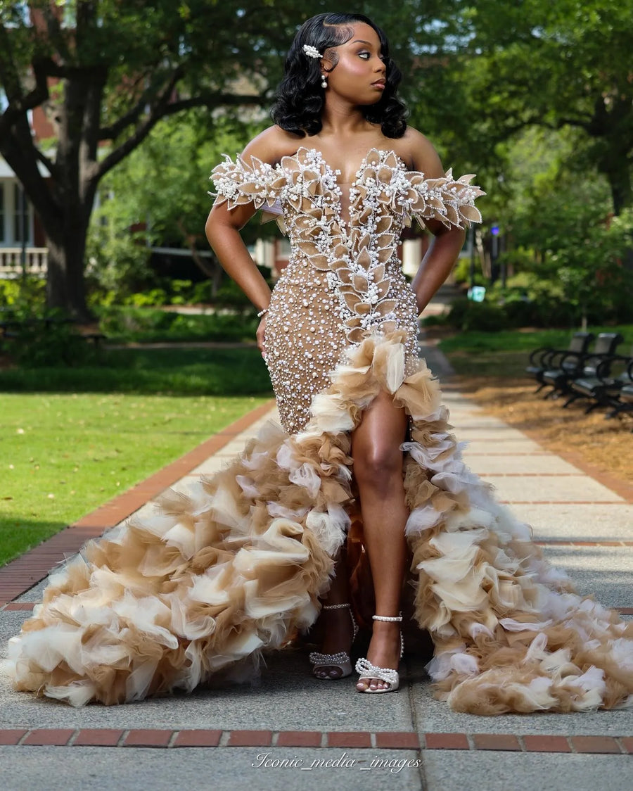 Luxury Champagne Gold Mermaid Prom Dresses Full Handmade Pearls African Wedding Party Dress Aso Ebi Tulle Flower Birthday Dress
