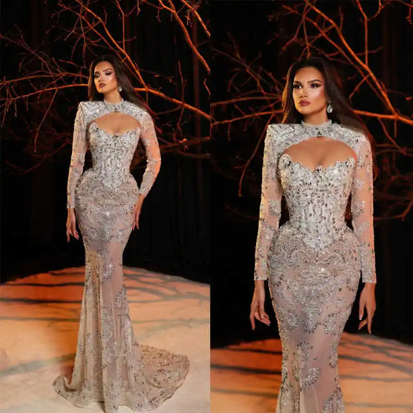 Fashion Long Sleeve Sequins Prom Dresses Elegant Beaded Crystal Lace Evening Dress Sweep Train Party Gown Customized
