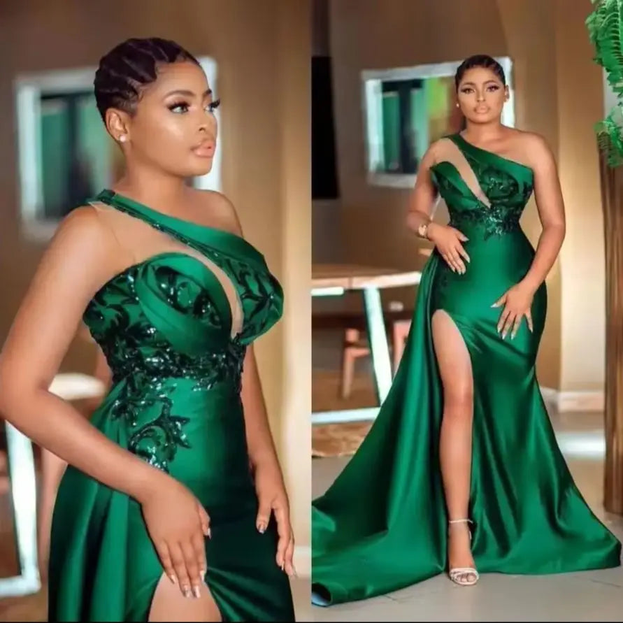 Sexy One Shoulder Satin Long Prom Gowns Aso Ebi Side Slit Aso Ebi Women Formal Dress Custom Made Africa Mermaid Evening Dresses