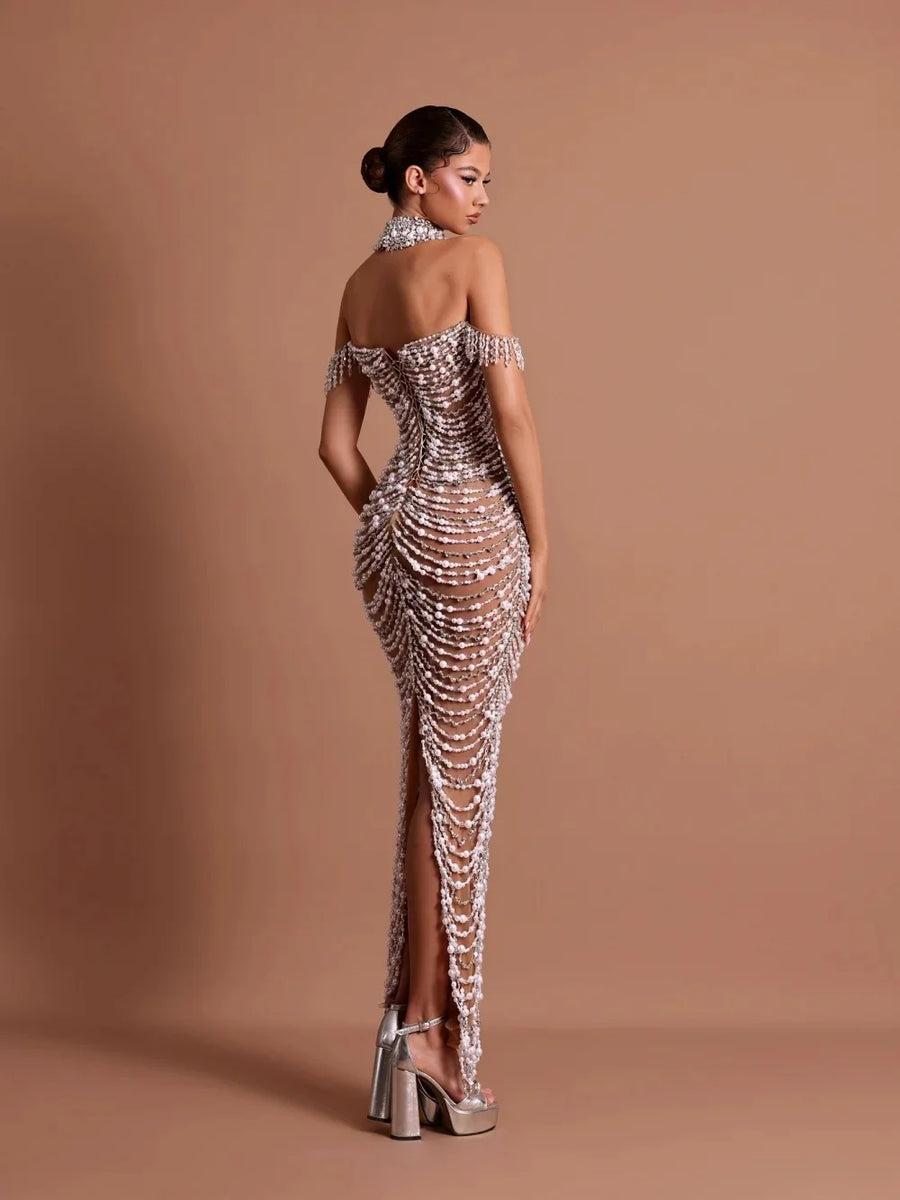 Exquisite Pearls Wedding Dresses Crystal Bridal Gowns Off Shoulder Illusion Split Mermaid Customized Bride Vestidos De Novia