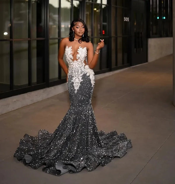 Customized Special Occasion Grey Ball Dress Colorful Beads Sparkle Lace Birthday Party Dress Black Women Evening Dress 2025