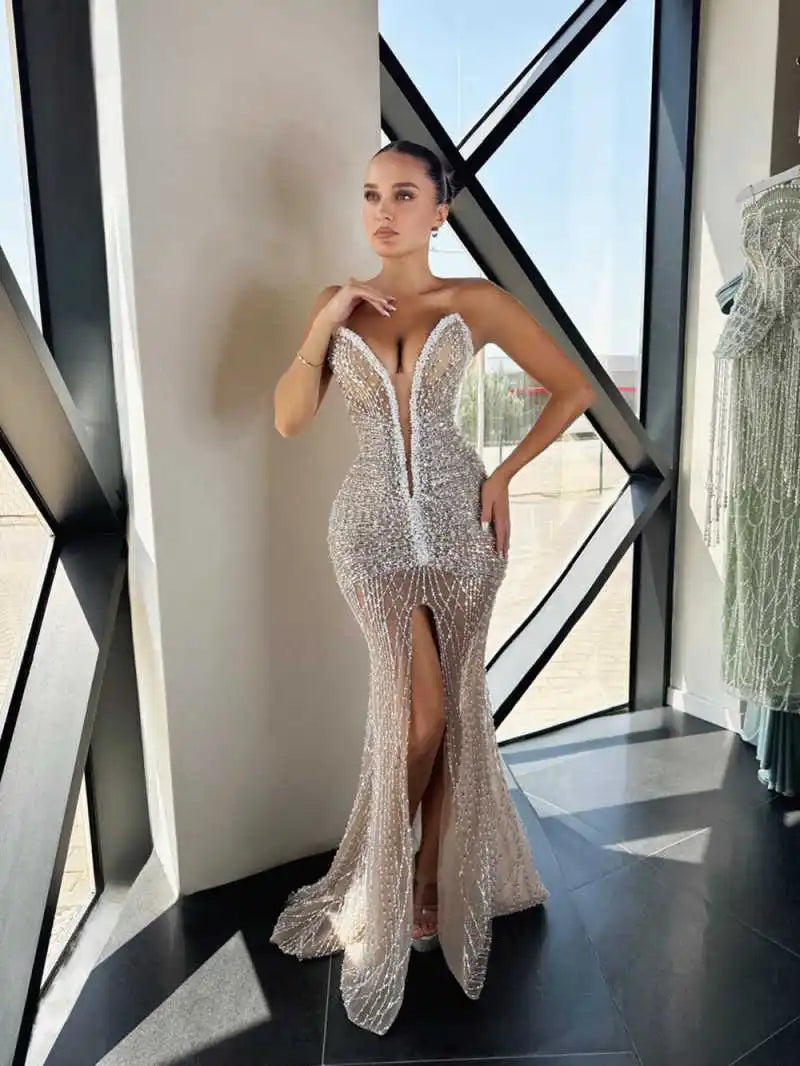 Elegant Strapless Sequined Evening Dresses Sexy High Front Slit Mermaid Prom Dress Customized Floor Length Sleeveless Party Gown