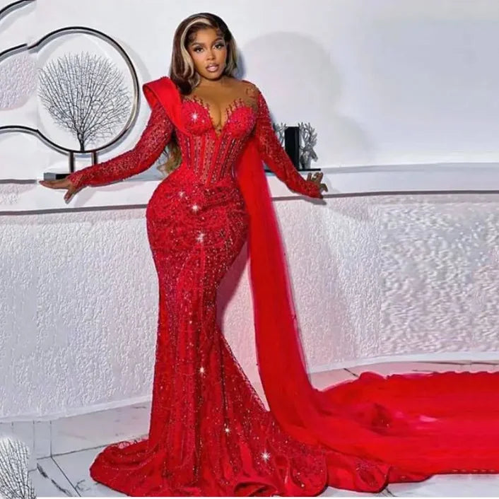 Asoebi Red Mermaid Evening Dresses with Overlay Long Sleeve Beading Formal Evening Gowns Plus Size Sequined Prom Dress
