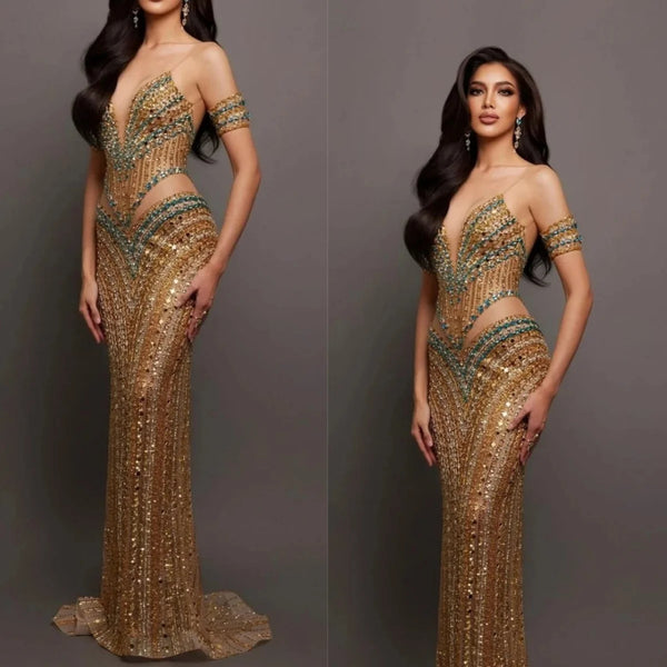Vintage Beaded Rhinestones Evening Dresses Shiny Sleeveless Mermaid Prom Dress Customized Floor Length Crystal Party Gown