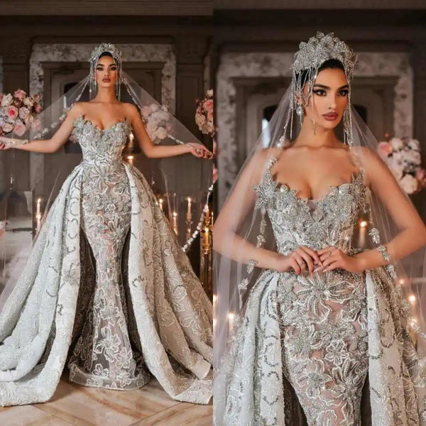 Luxury Sweetheart Sequins Mermaid Wedding Dress Elegant Sleeveless Bridal Gown Detachable Train Bride Dresses Customized