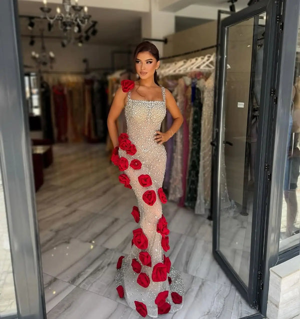 Luxury Shiny Women Prom Dress Sexy Sleeveless 3D Flower Sheath Bridal Evening Gown Lace Up Back Customized Robe