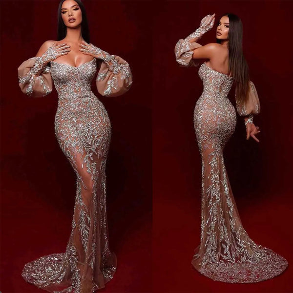 Luxury Evening Dresses Sweetheart Beads Appliqued Lace Mermaid Prom Gowns Sweep Train Custom Made Backless Robe De Soirée