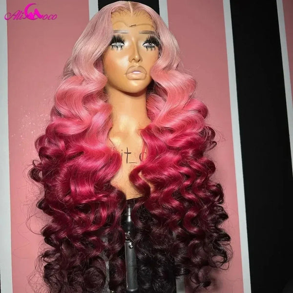 Ombre Pink Remy Human Hair Wigs for Women 13x4 Lace Front Loose Wave Wig Pre Plucked Hairline 613 Colored Brazilian Hair