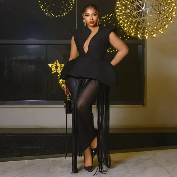 Couture Black See Thru Ankle Length Formal Party Dresses With Tassel Elegant African Women Party Dress