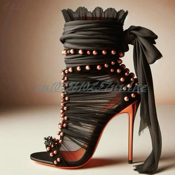 Black Sexy Round Metal Rivets Decor Hollow Sandals Stiletto High Heel Party Women Shoes Sexy 2026 New Summer Hot Para Mujere