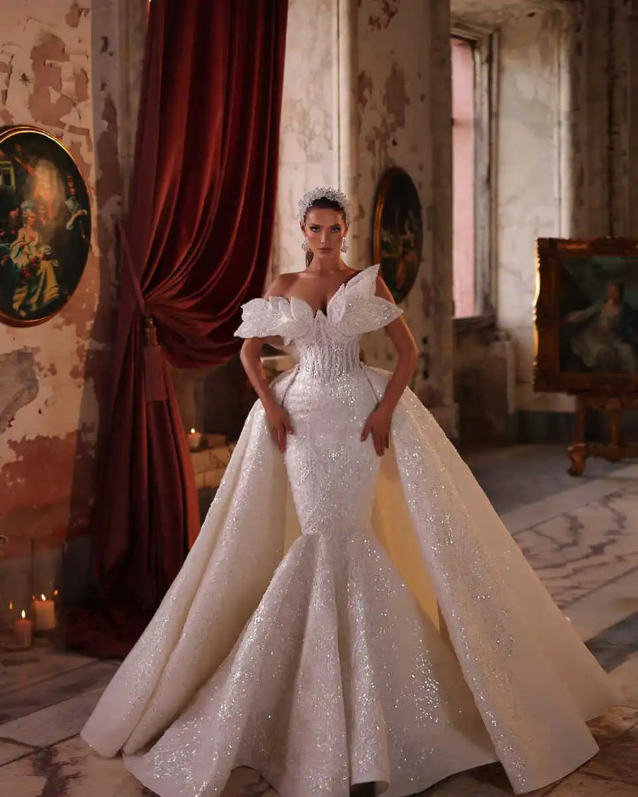 Gorgeous Mermaid Wedding Dress Sequins One Shoulder Bride Gowns Ruched Detachable Sweep Train Bridal Dresses Customized