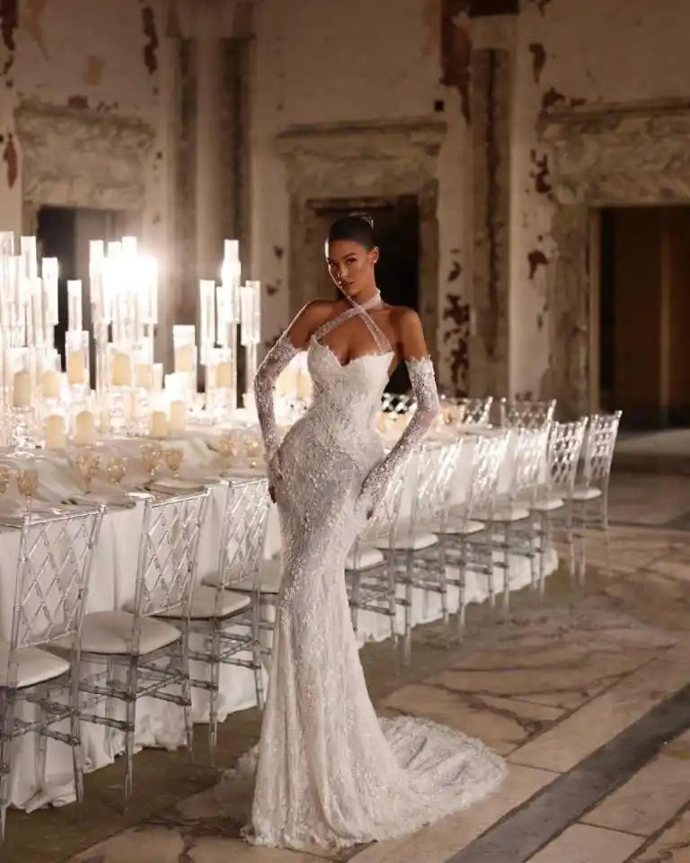 Simple Sleeveless Lace Mermaid Wedding Dress Elegant Floral Appliques Bridal Gown Sweep Train Bride Dresses Customized