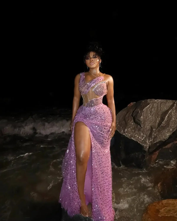 Customize Glitter Sequins Long Evening Dresses Sexy Sheer Mesh High Slit Mermaid Party Gowns Sequined Illusion African Women Pro