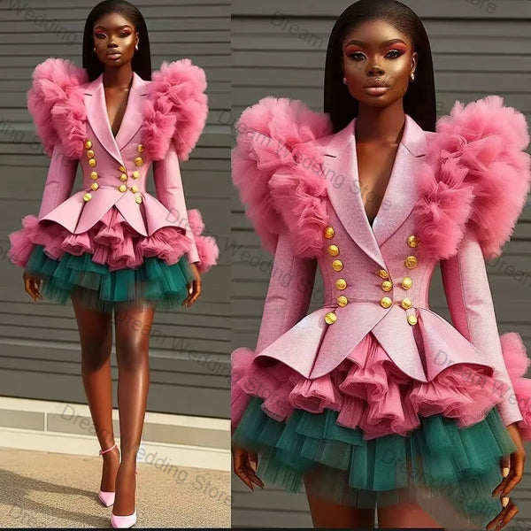 Luxury Pink Green Women Suit Set 2 Pcs Blazer+Prom Dress Short Mini Formal Office Lady Jacket Customized Wedding Guest Coat
