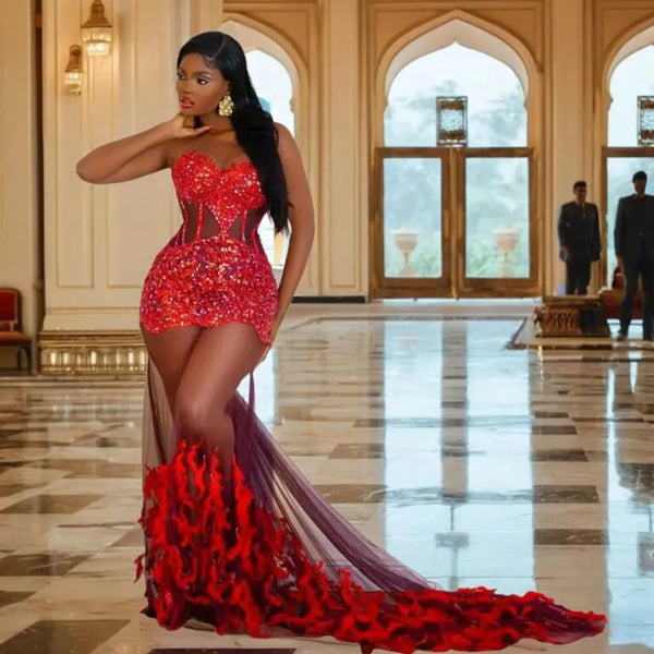 Aso Ebi Evening Dress Exposed Boning Birthday Party Gowns Sexy See Through Mermaid Prom Dresses Scoop Beads Appliques Feathers